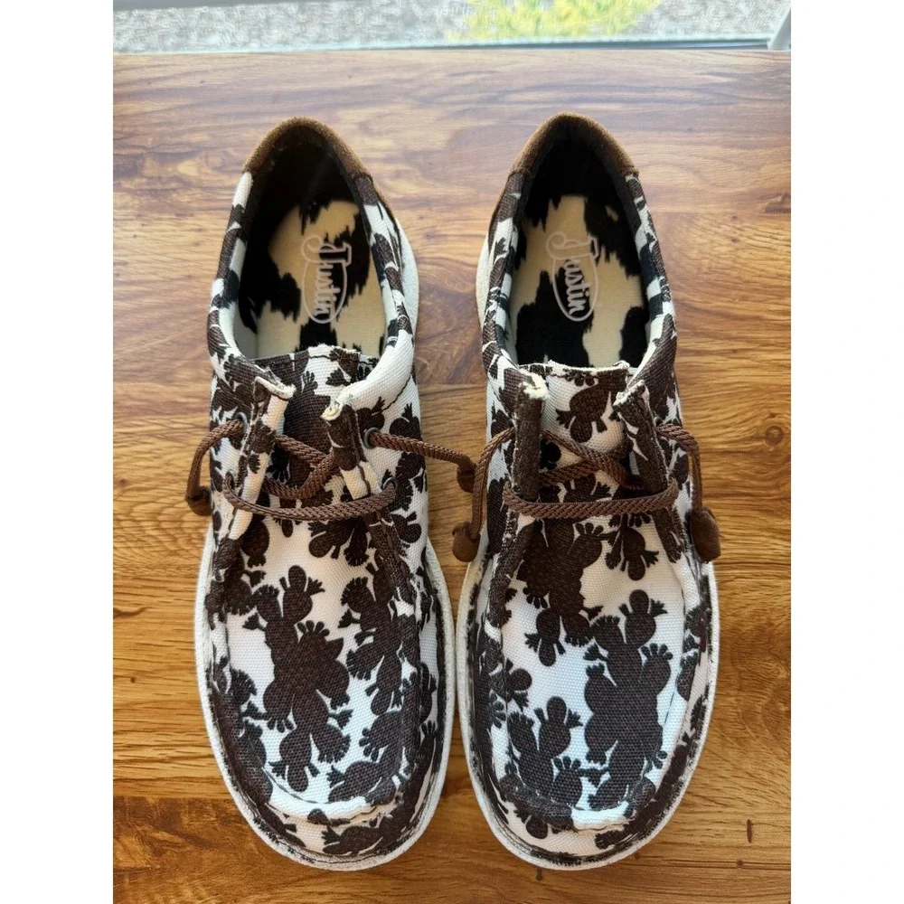 Justin Cactus Print Canvas Loafers Men's 10M Brown White Western Shoes - Picture 4 of 7